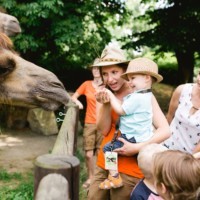 Zootourgruppe bei der Fütterung der Trampeltiere